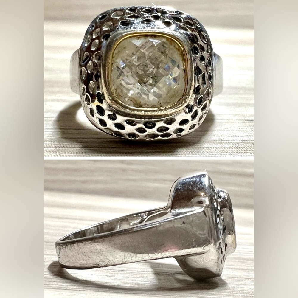 Vintage Designer Signed 18KGE White & Gold Cubic Zirconia Ring, Size 6.5
